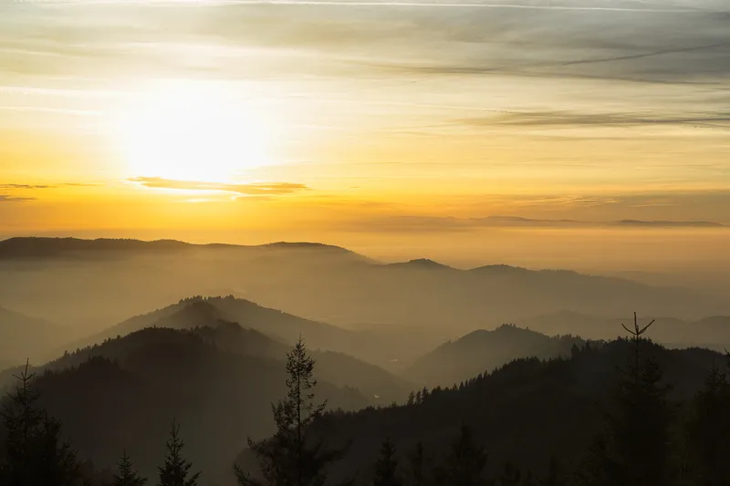 Layers of fog between forested hills at sunset in Baden-Württemberg