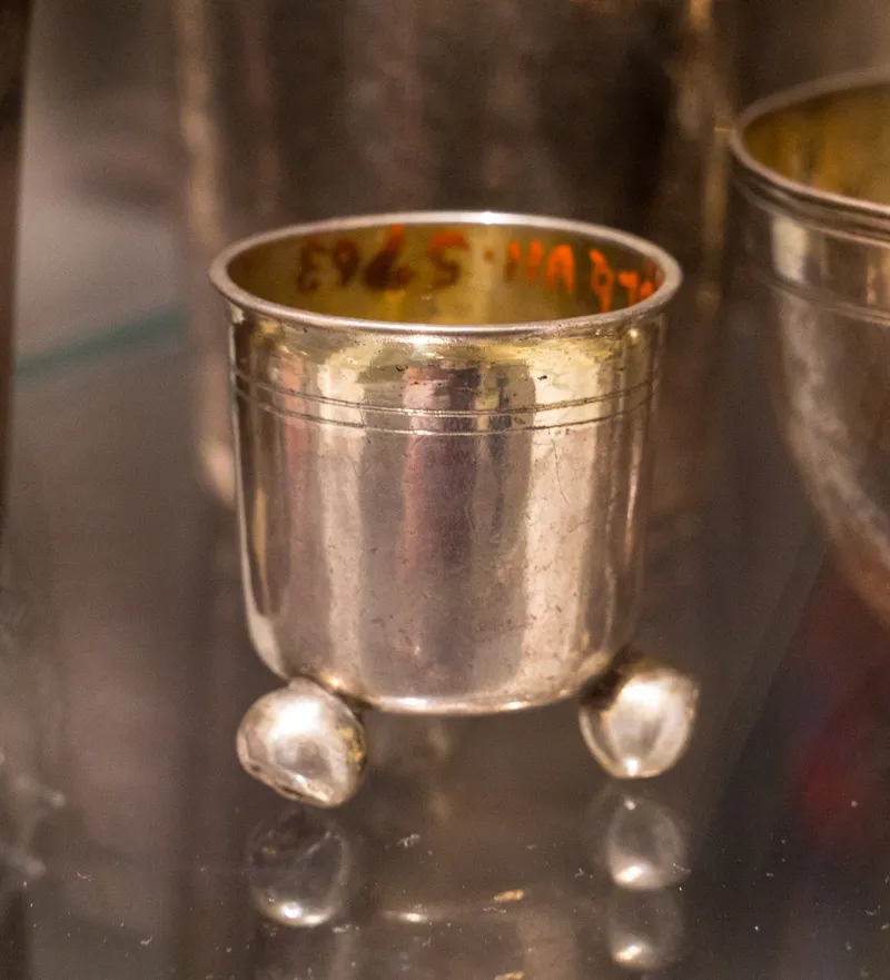 A small silver beaker on display at the Jewish Museum Berlin