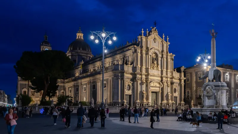 Catania Cathedral and the elephant fountain on Piazza del Duomo at blue hour