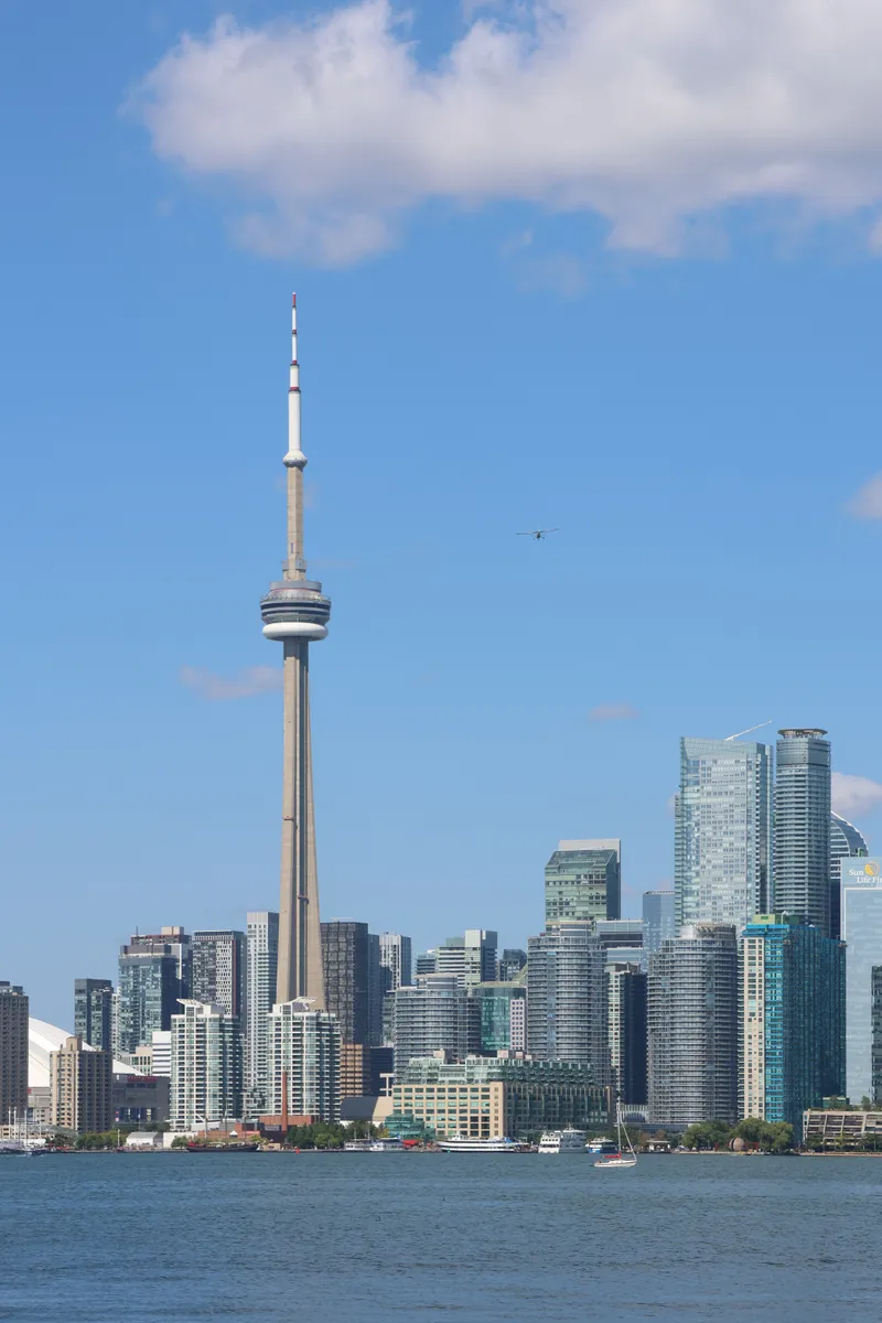 The CN Tower and the Toronto skyline across the water from Snake Island