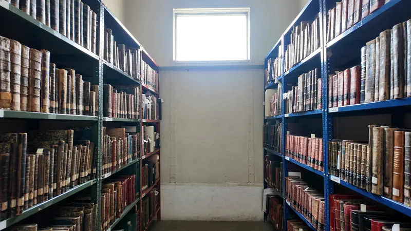 Rows of old books on shelves in the Ignacio Cubas library
