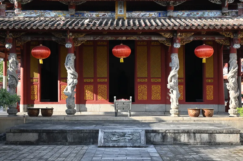 The red front of the Confucius temple in Yongchun, Quanzhou, with lanterns
