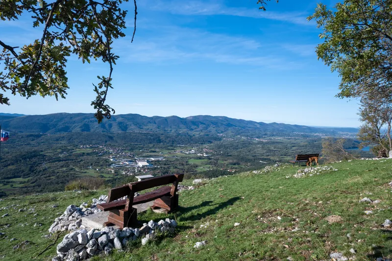 A wooden bench at a viewpoint above a green valley
