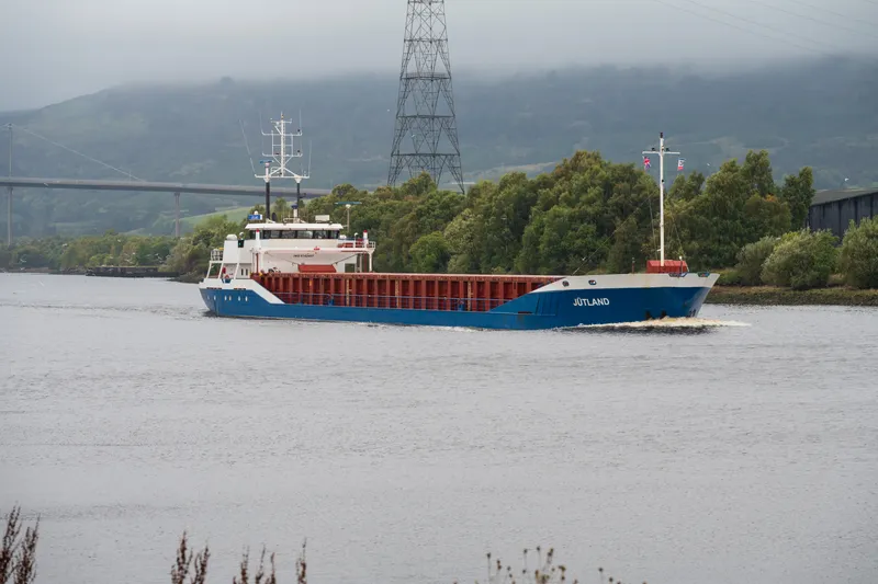 The small cargo ship Jütland sailing past Inchinnan