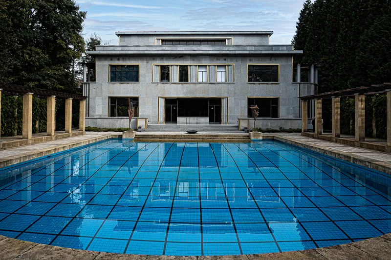 The outdoor pool in front of the Villa Empain in Brussels
