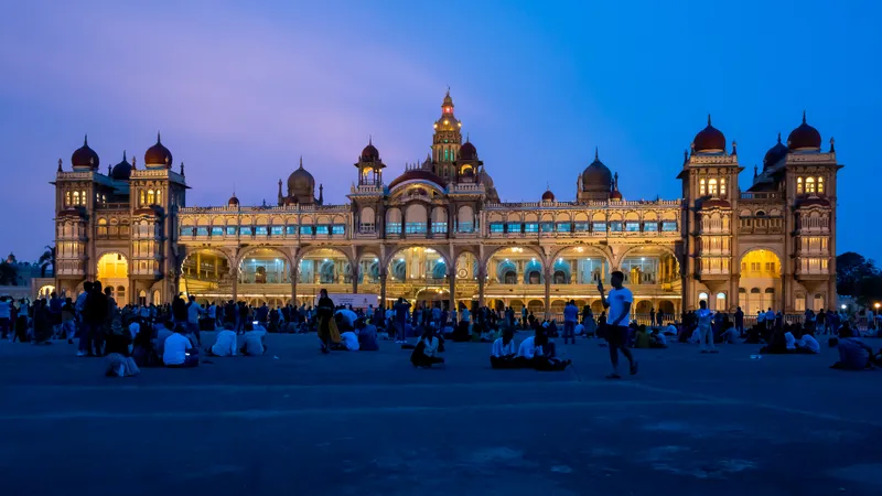 Mysore Palace lit up at blue hour