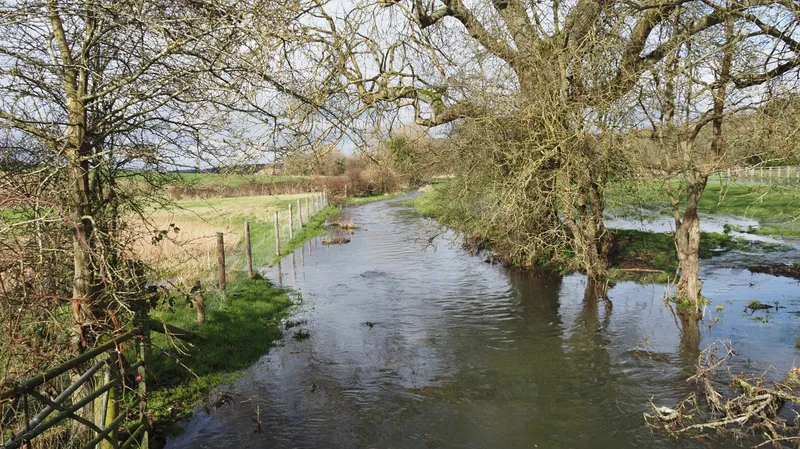 A river running between trees and fields, seen from an old bridge