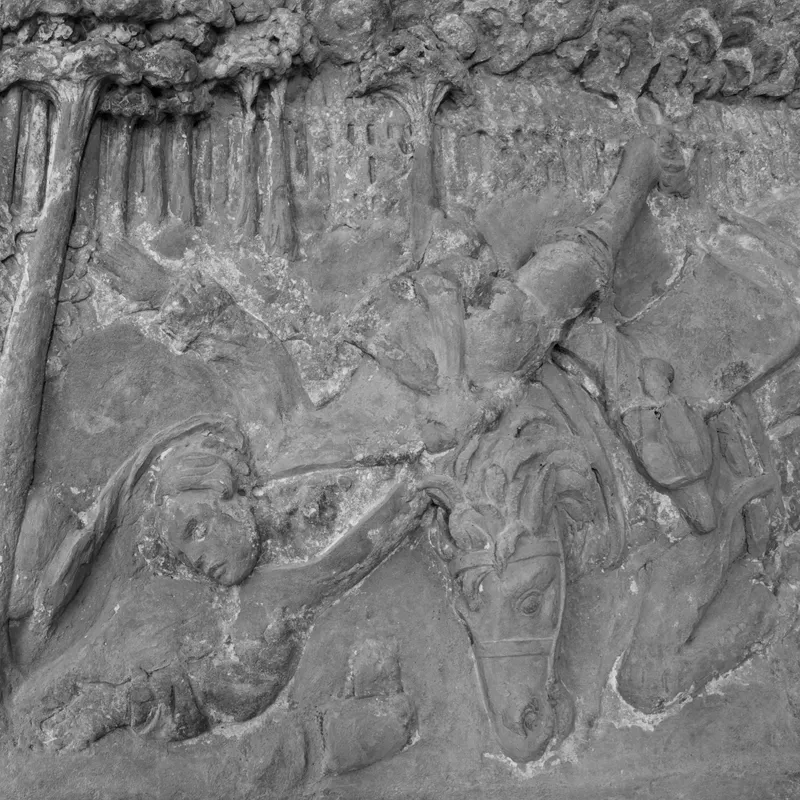 Detail of a grey relief carving on the epitaph of Georg Wilhelm Laubenberg