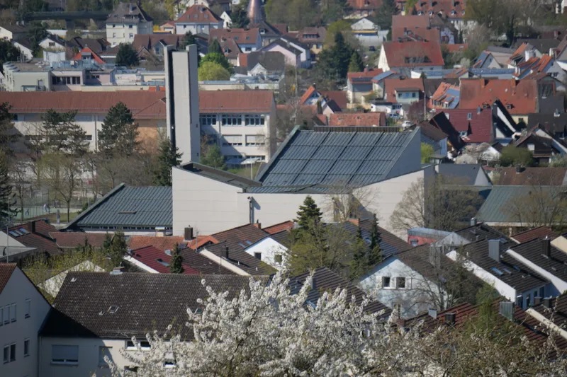 Rooftops of a town around the Heilige Familie church, Karlsruhe