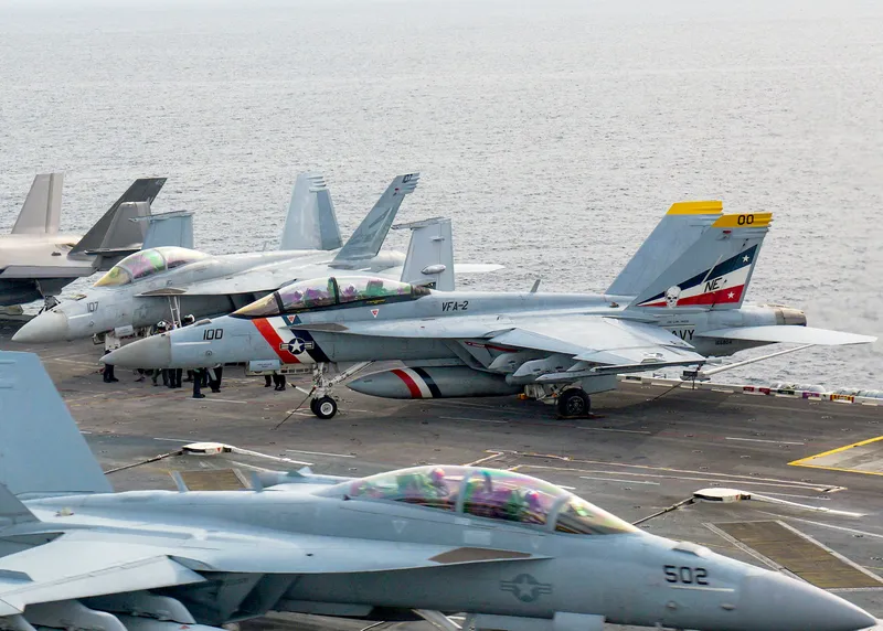 F/A-18F Super Hornets parked on the deck of USS Carl Vinson