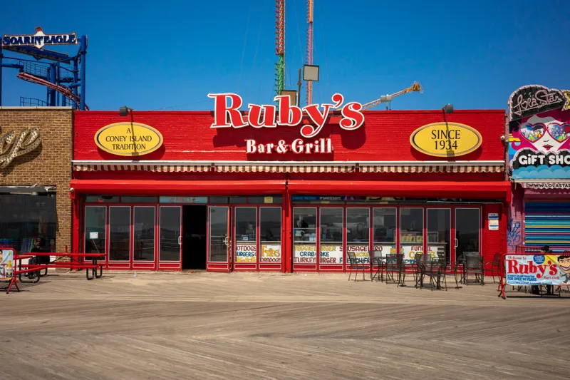 The red front of Ruby's Bar & Grill on the Coney Island boardwalk