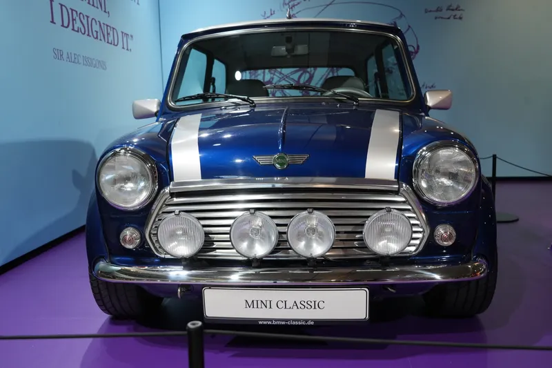 The front of a Rover Mini Cooper 40th Anniversary Edition on display