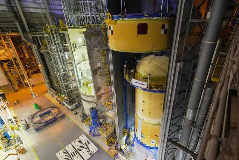 Artemis II core stage elements being stacked at NASA Michoud